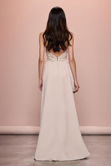 Ivory Sheath Satin Ruched Evening Dress With Slit